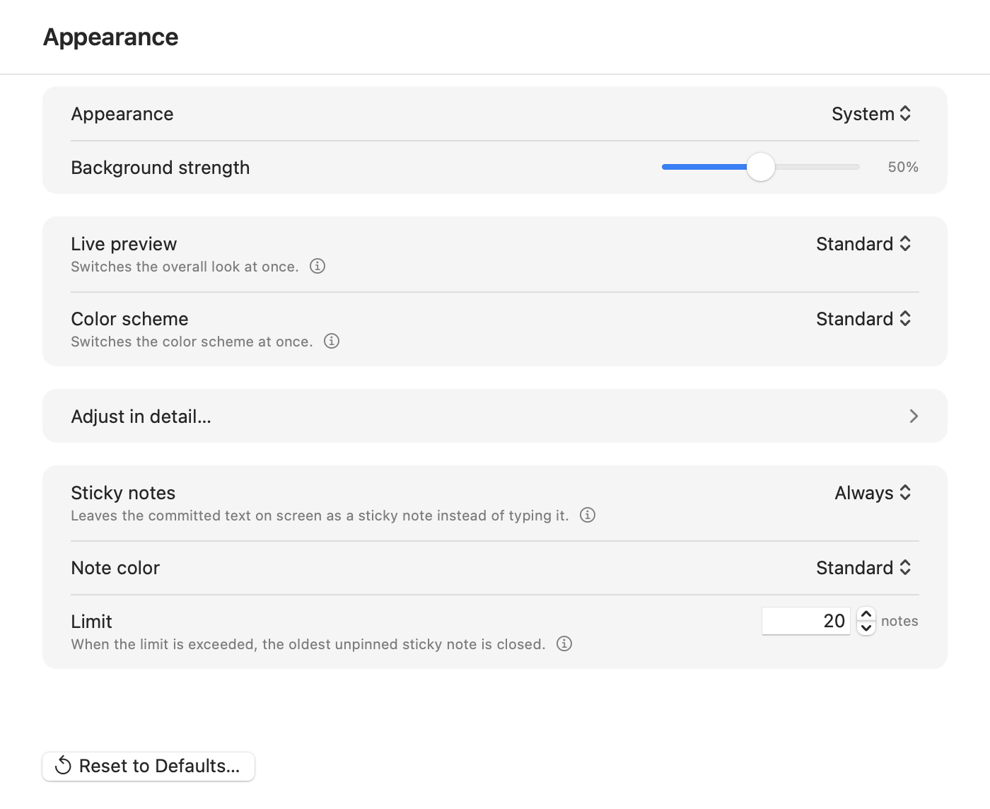 Koemoji settings window, Appearance pane