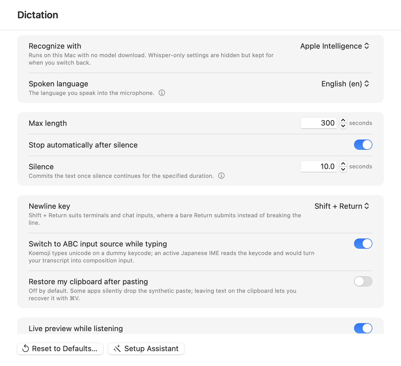 Koemoji settings window, Dictation pane