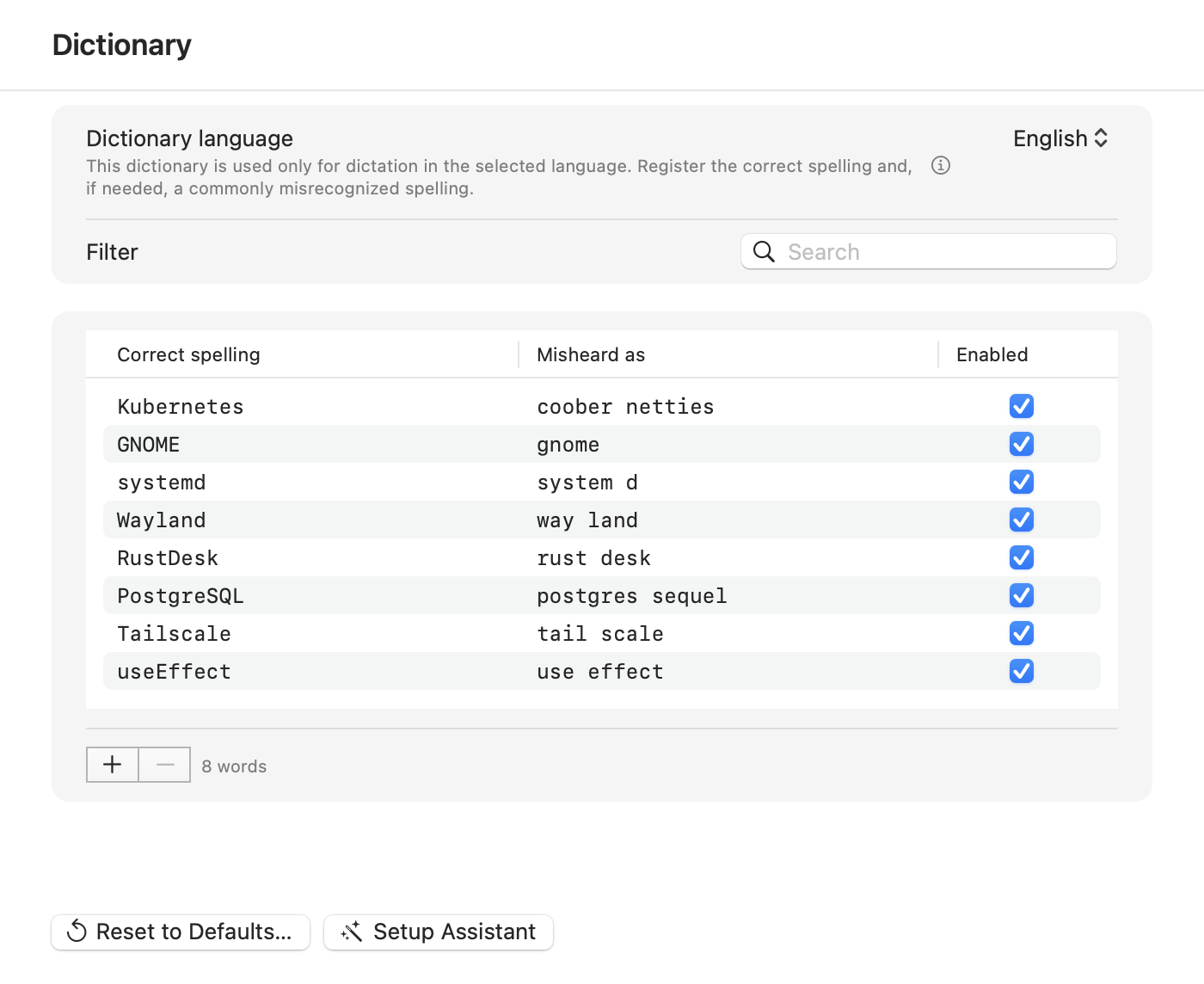 Koemoji settings window, Dictionary pane