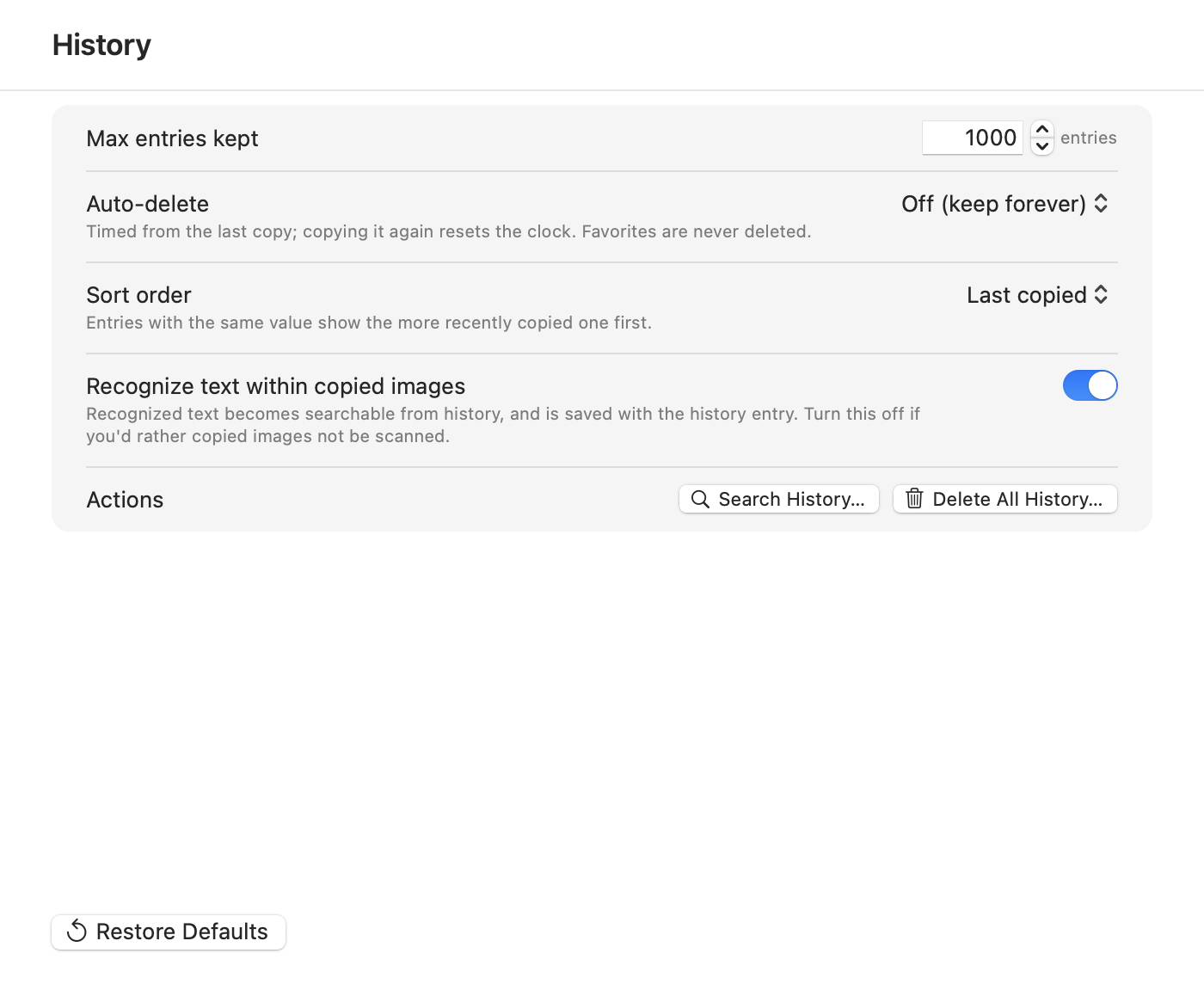 Koemoji settings window, History pane