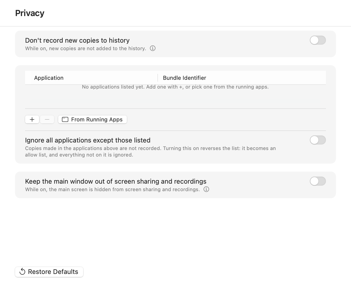 Koemoji settings window, Privacy pane