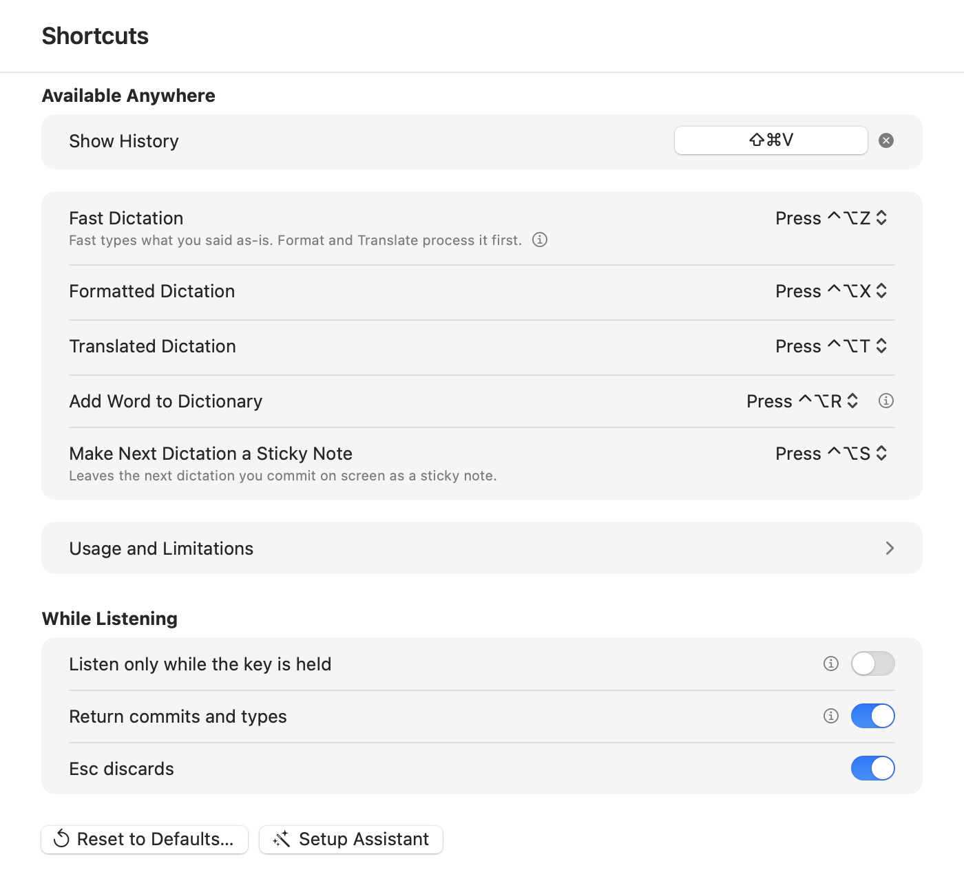 Koemoji settings window, Shortcuts pane